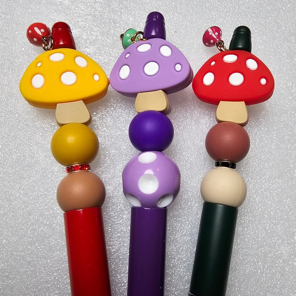 Mushroom Theme Beaded Ink Pen with Charm Silicone Focal Bead Black Ink Refill